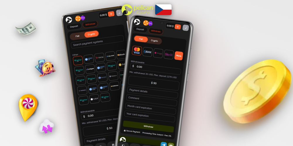 Pelican Casino výběr: rozhraní pokladny s Visa, Mastercard, Skrill a kryptoměnami